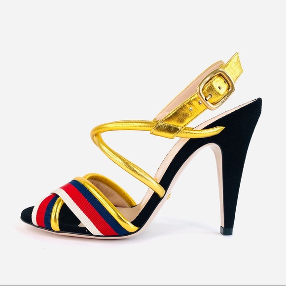 Gucci Shoes - GUCCI Metallic Nappa Sylvie Web Slingback Sandals
